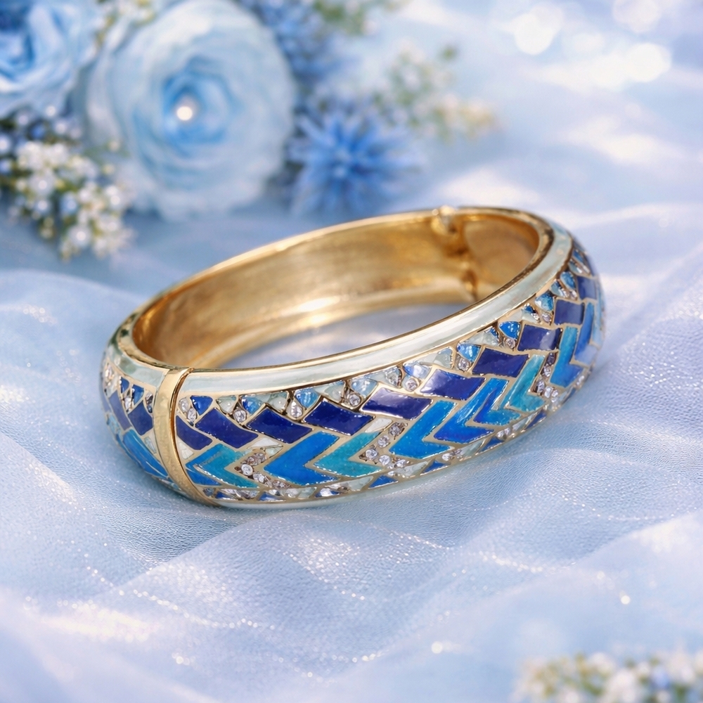 Blue & Turquoise Enamel Chevron Bangle Clamper Bracelet w/ Crystal Accents